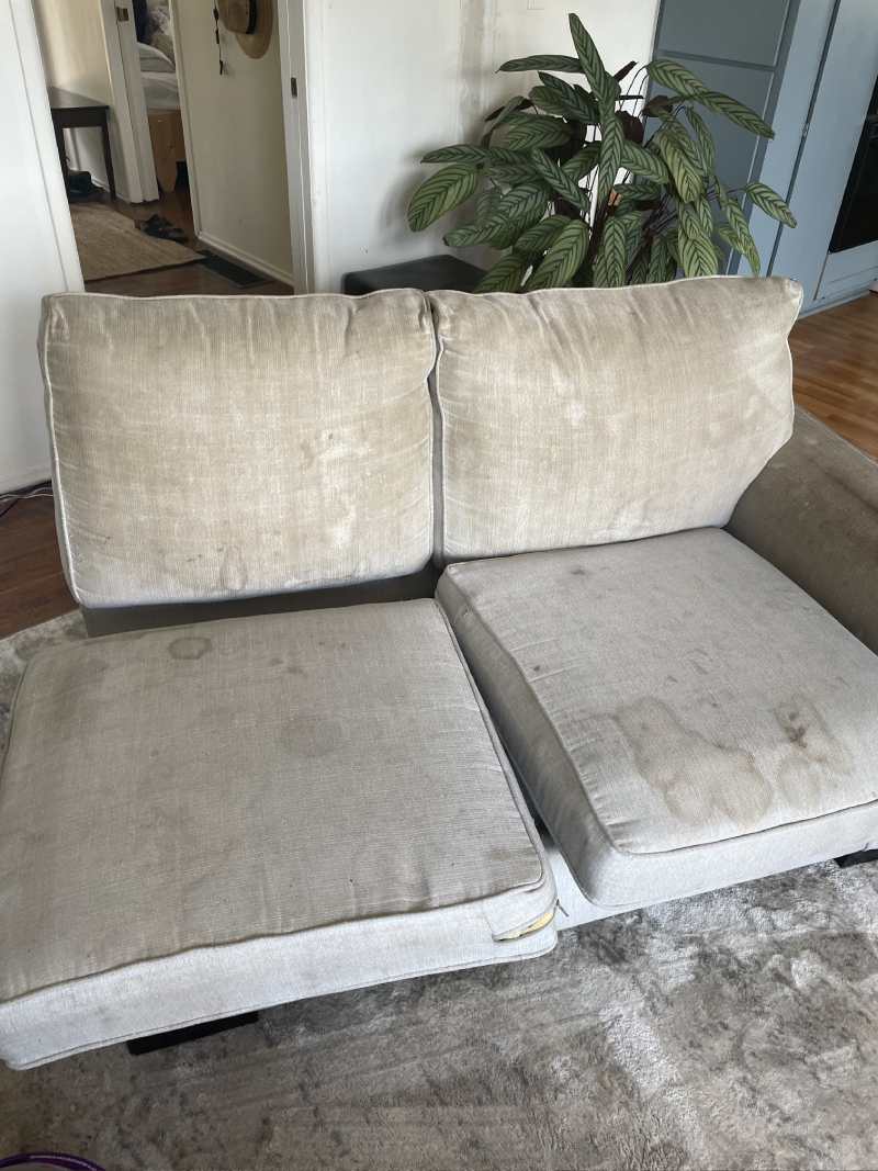 Chair upholstery before cleaning — soiled and discolored