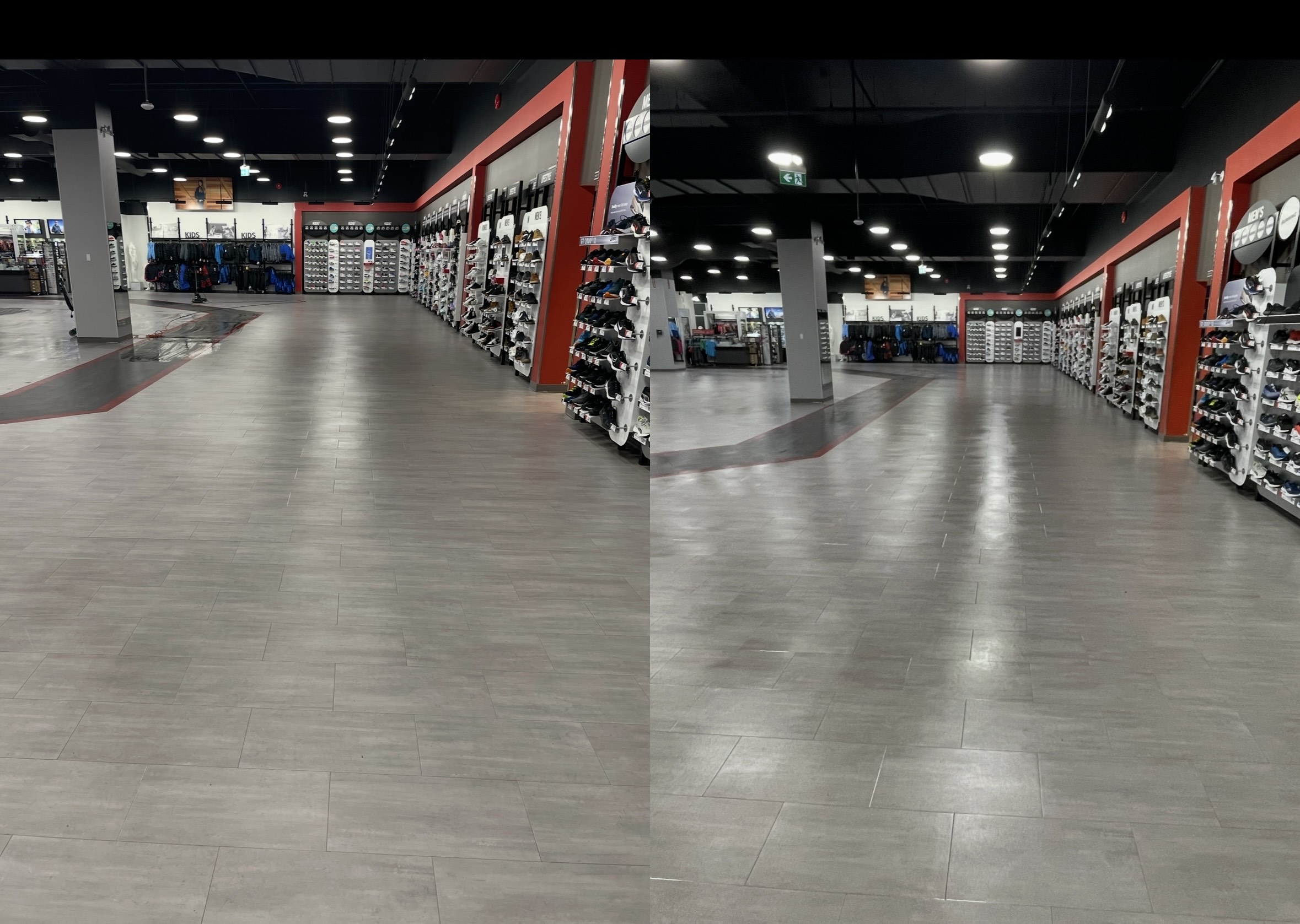 Retail store floor after professional waxing — high-gloss finish reflecting overhead lights