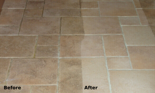 Residential tile floor before cleaning — dirty grout and stained surface